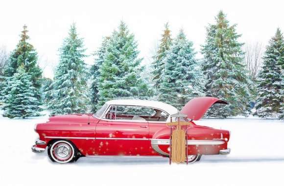 Red Chevrolet Bel Air, Snow, Winter
