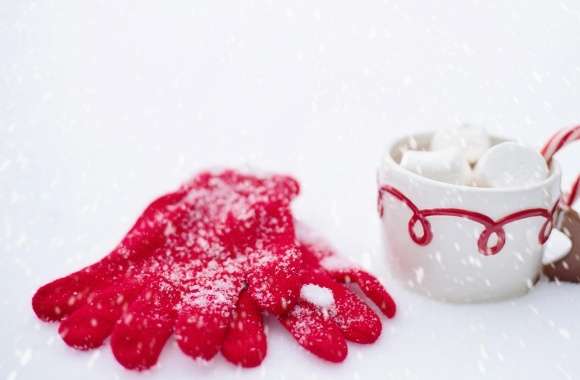 Red Gloves, Hot Chocolate Cup, Snow, Winter