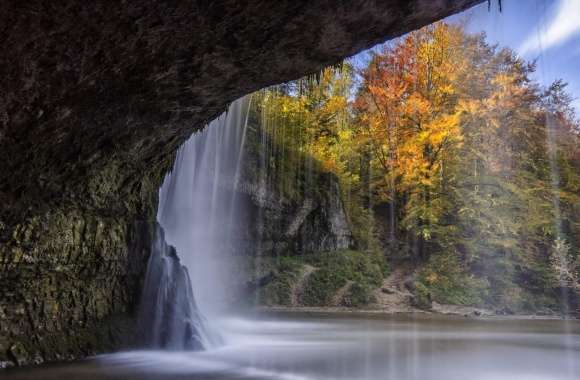 Waterfall Over Cave Autumn